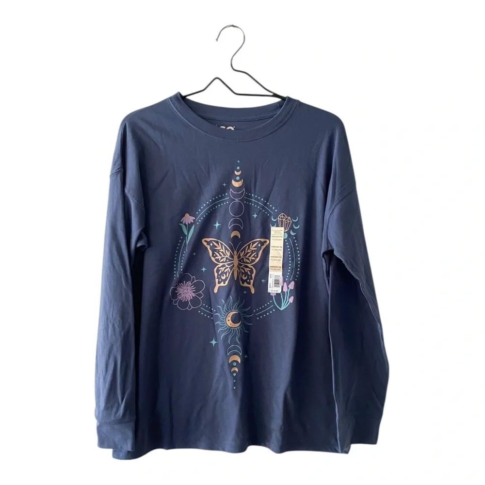 SO Blue Butterfly Graphic Long Sleeve T Shirt Girl’s Size 16 Plus NEW